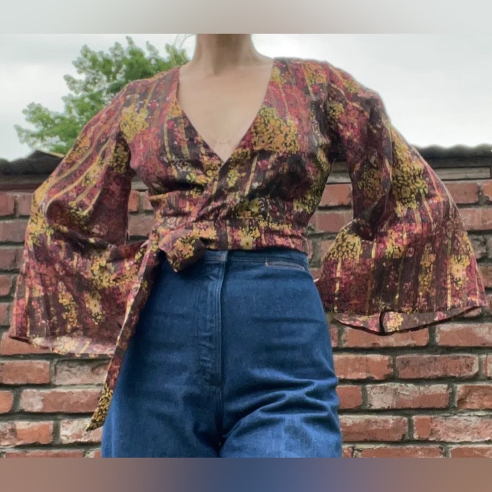 Cotton Wrap Blouse with Bell Sleeves